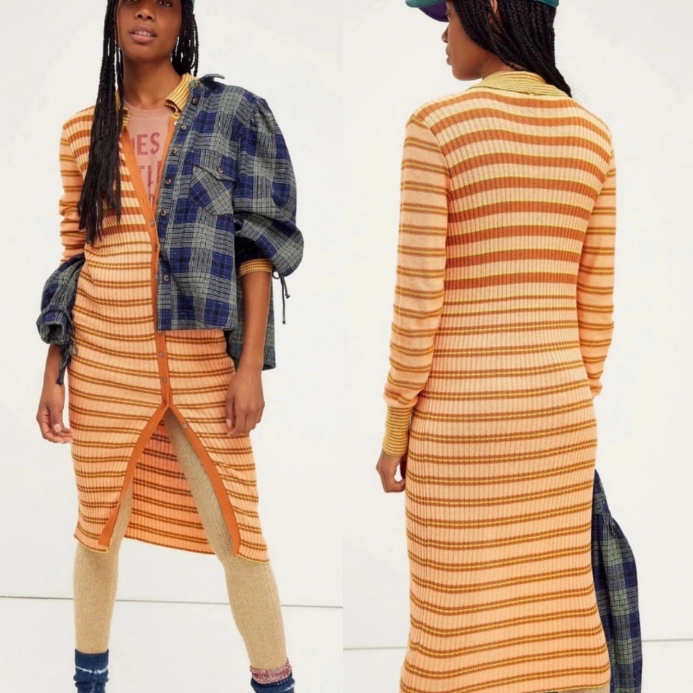 NWT Free People Vista Striped Ribbed Sweater Midi Dress Yellow Orange Knit